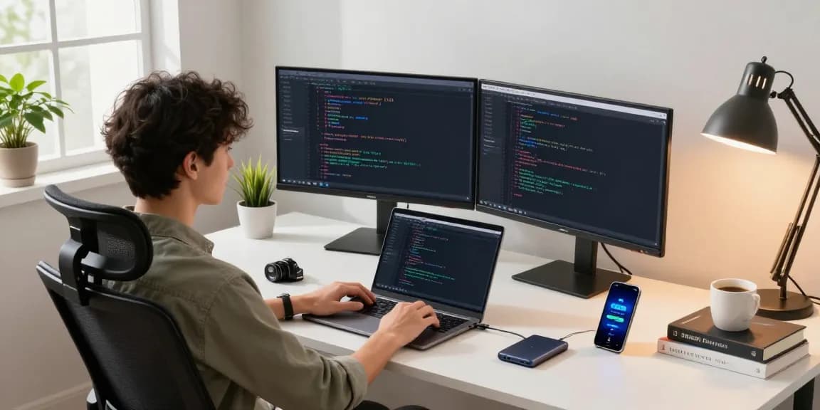 快连 network optimization demonstrated in a modern tech workspace with dual monitors, coding, and productivity elements.
