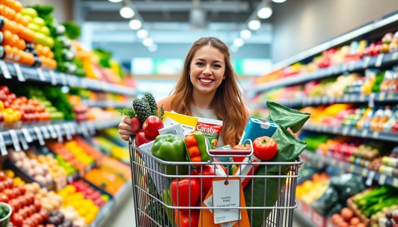 Shopper smiling while showcasing grocery savings with colorful fresh produce in a vibrant store.