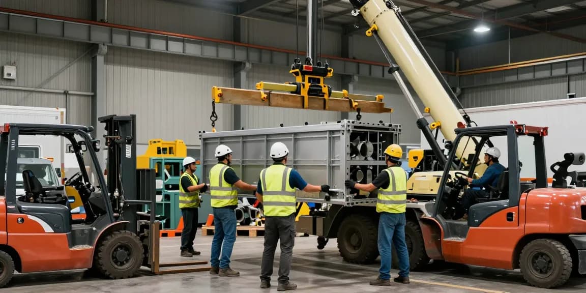 Machinery Movers team expertly relocating heavy equipment in a spacious industrial warehouse.