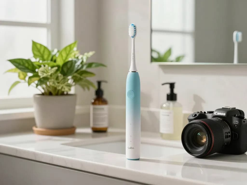 Laifen electric toothbrush on a stylish bathroom countertop, promoting advanced oral care.