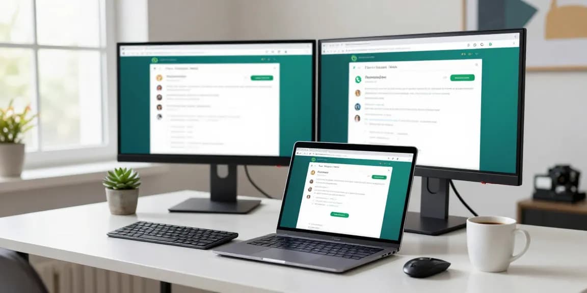 User engaging with WhatsApp網頁版 on a laptop in a modern workspace