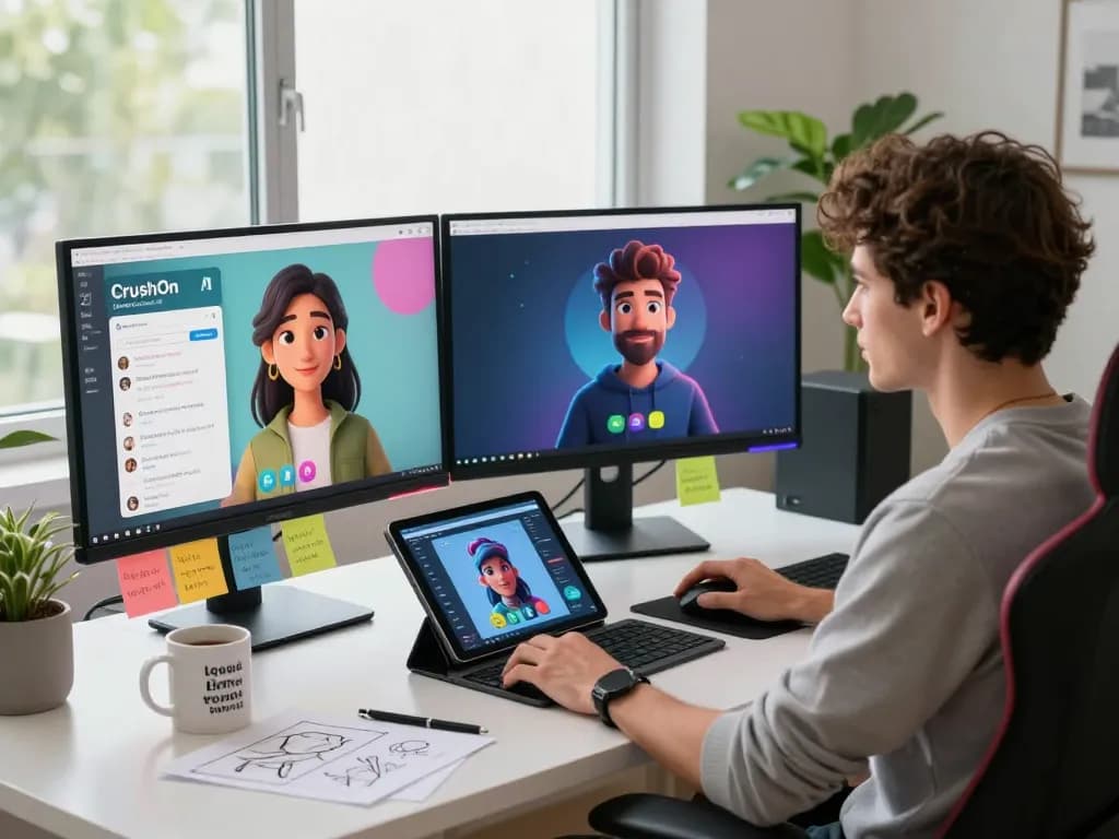 User engaging with CrushOn AI on dual monitors in a creative workspace, showcasing vibrant character interactions.