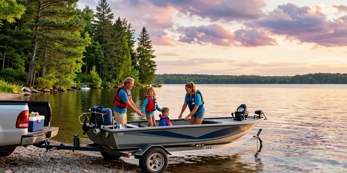 Kawagama lake marina family preparing for a boating adventure at golden hour.