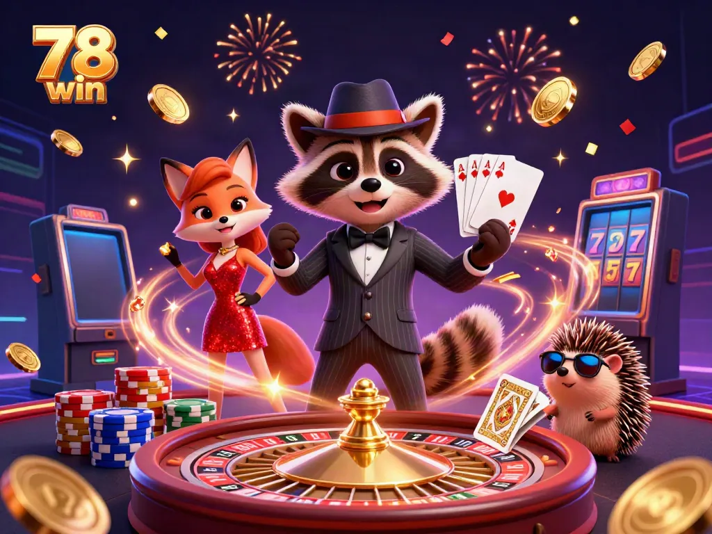 Experience the excitement of the 78 win casino with cartoon characters showcasing a royal flush surrounded by vibrant gaming elements.