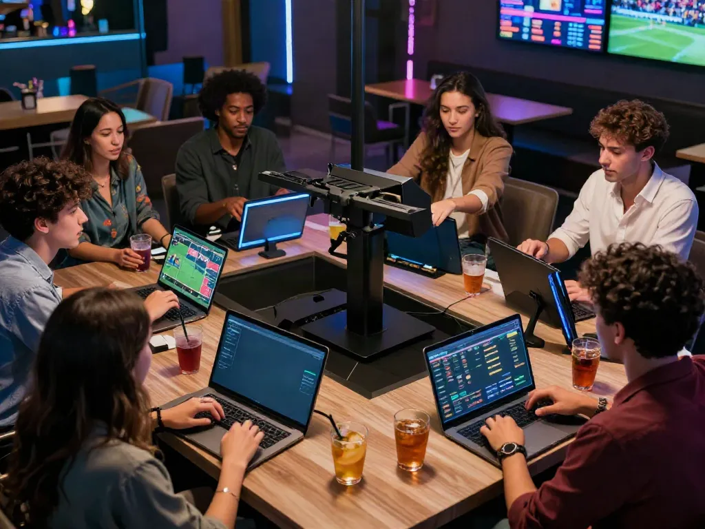 Friends engaging in sports betting at a lounge for Streek Sportsbook Canada.