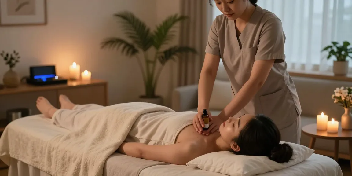 신림출장마사지 session with a young woman relaxing at home during evening hours as a therapist applies aromatherapy oils.