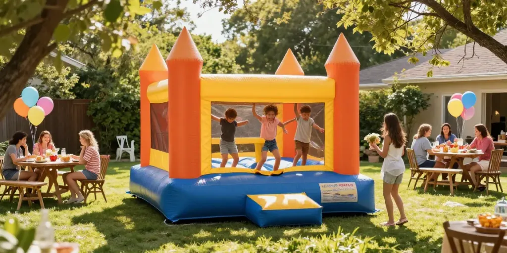 Children having fun in a bounce house at a colorful backyard party.