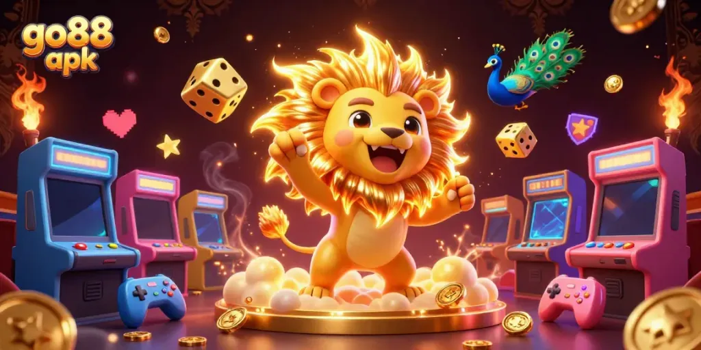 Win big with the go88 apk app featuring vibrant 3D characters and games in an engaging casino scene.