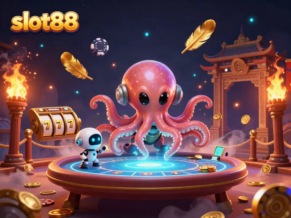 Engage with thrilling slot88 gameplay as a colorful alien octopus operates a holographic poker table.