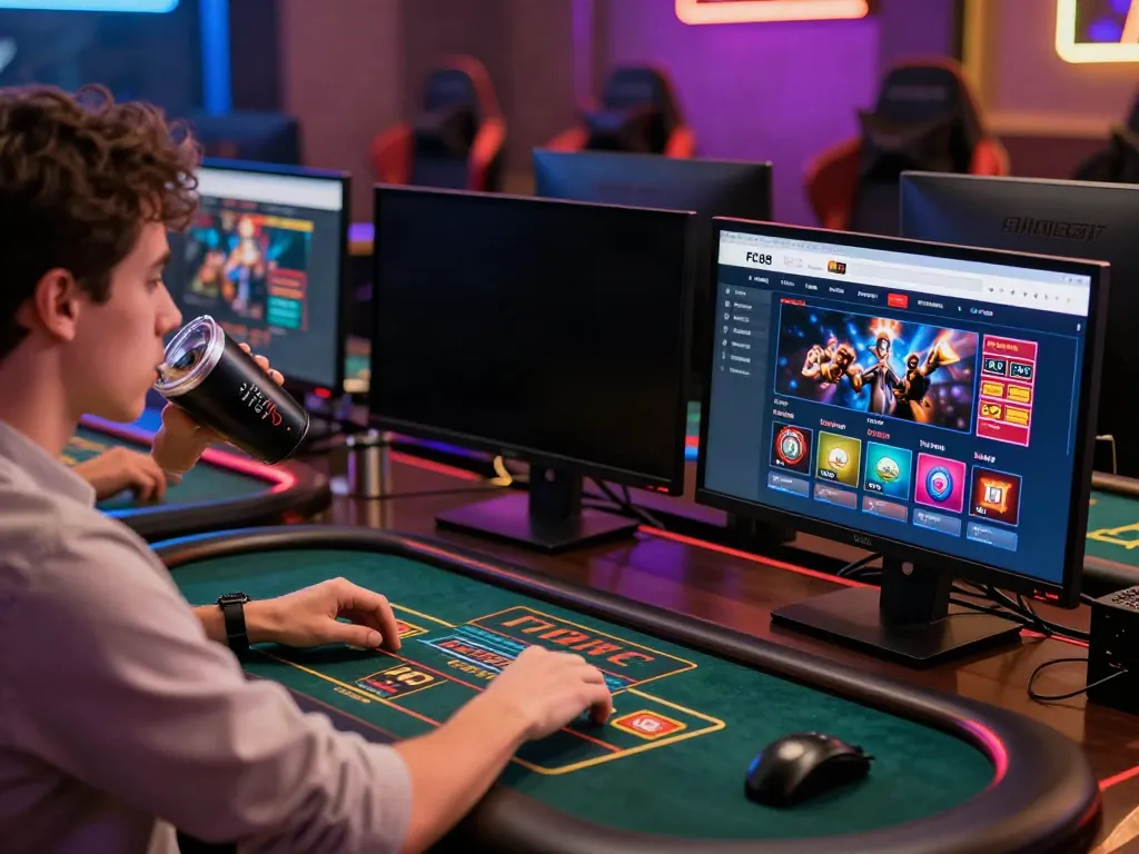 Engaged user at FC88 online casino site, showcasing modern gaming setup and vibrant atmosphere.