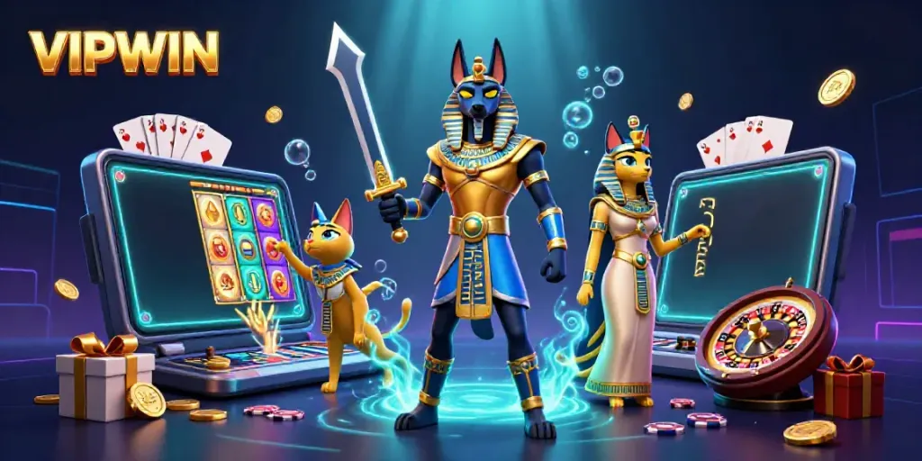 Spin to win with VIPWIN as Anubis and Bastet bring luck in a vibrant casino atmosphere.