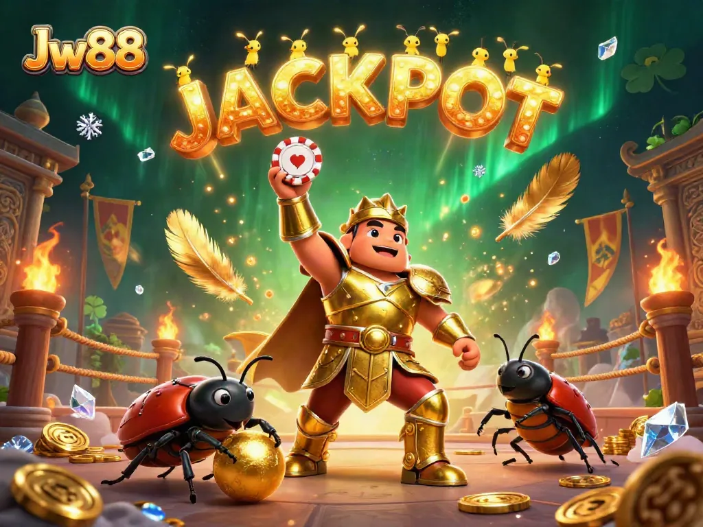 Engaging Jw88 3D illustration showcasing a cartoon beetle in gladiator armor lifting a poker chip amidst a jackpot celebration.