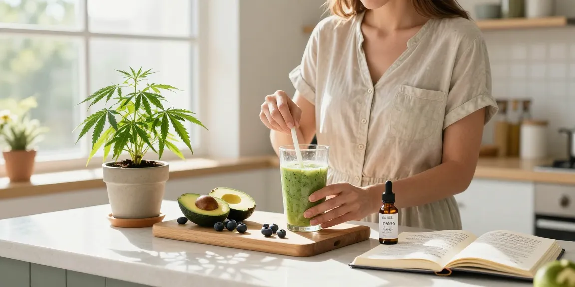 Ministry of Cannabis CBD oil in a bright kitchen with fresh ingredients and wellness journal, showcasing a natural wellness routine.