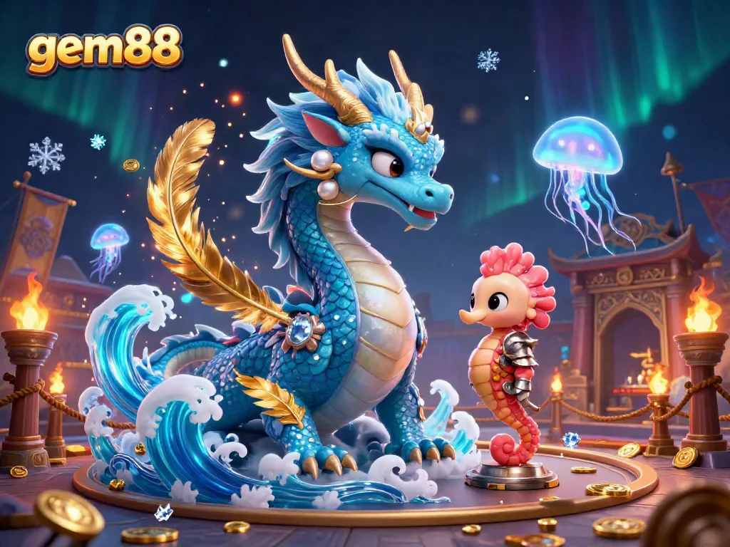Engage with gem88, featuring a dragon, seahorse, and jellyfish in a vibrant casino scene.