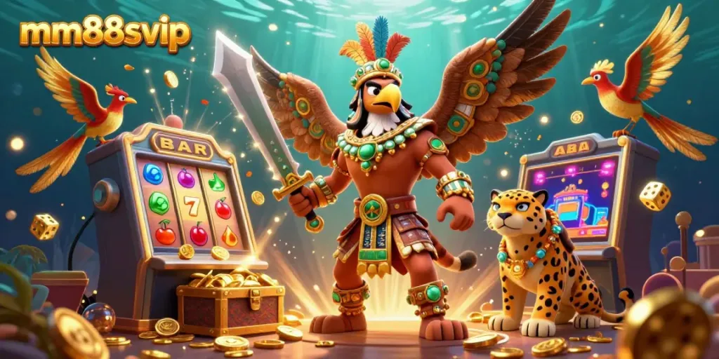 Experience the thrill of mm88svip casino action with an Aztec warrior, coins bursting from a jackpot slot machine.