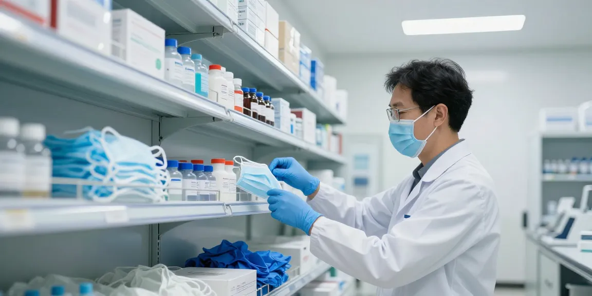 Health care supplies organized in a professional setting, showcasing masks, gloves, and vials for effective healthcare practice.