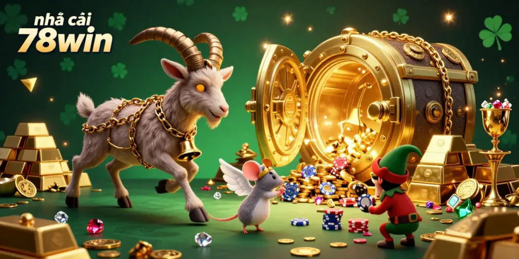 Experience excitement at nhà cái 78win with a 3D casino scene featuring Krampus, an angel mouse, and mischievous elves.