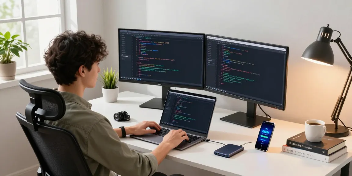 快连 network optimization demonstrated in a modern tech workspace with dual monitors, coding, and productivity elements.