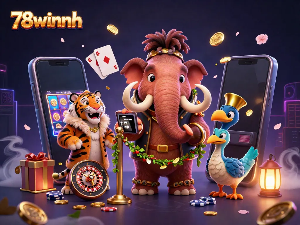 Engage with the vibrant world of 78winnh where casino characters check IDs, surrounded by dynamic game elements.
