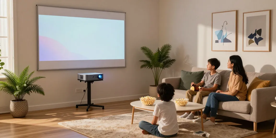 Proiector led iluminând un living modern în timpul unei seri de film în familie, cu decor contemporan.