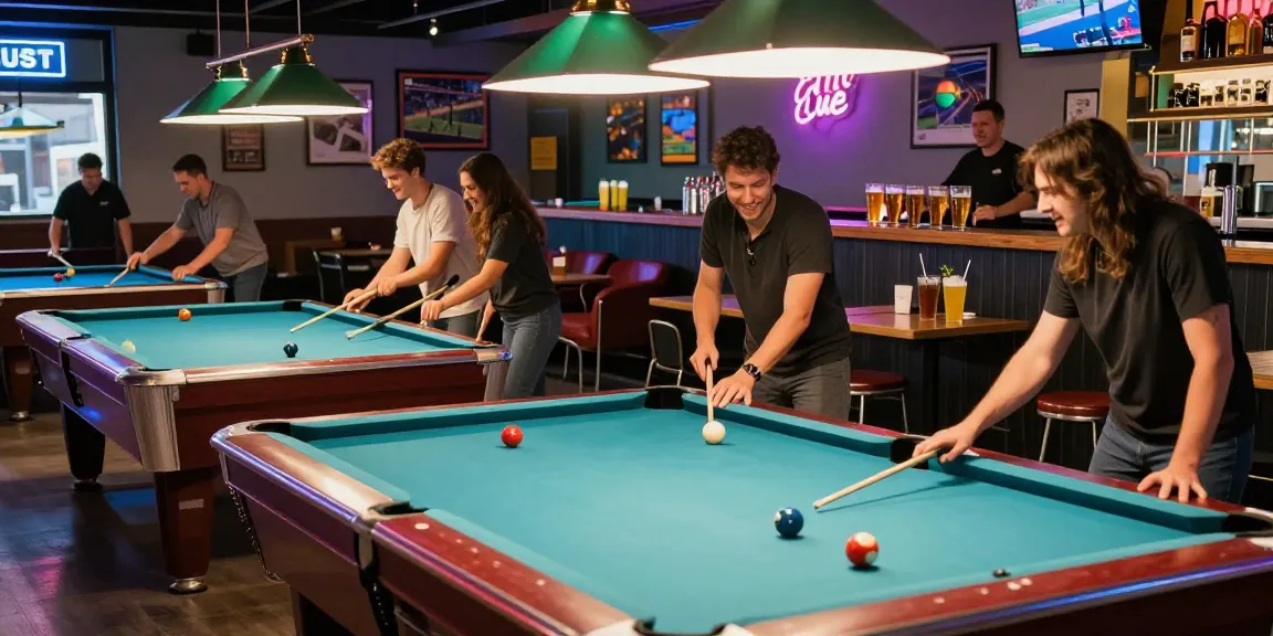 Billiards Mississauga at Crooked Cue, friends enjoying pool games with drinks in vibrant social atmosphere.