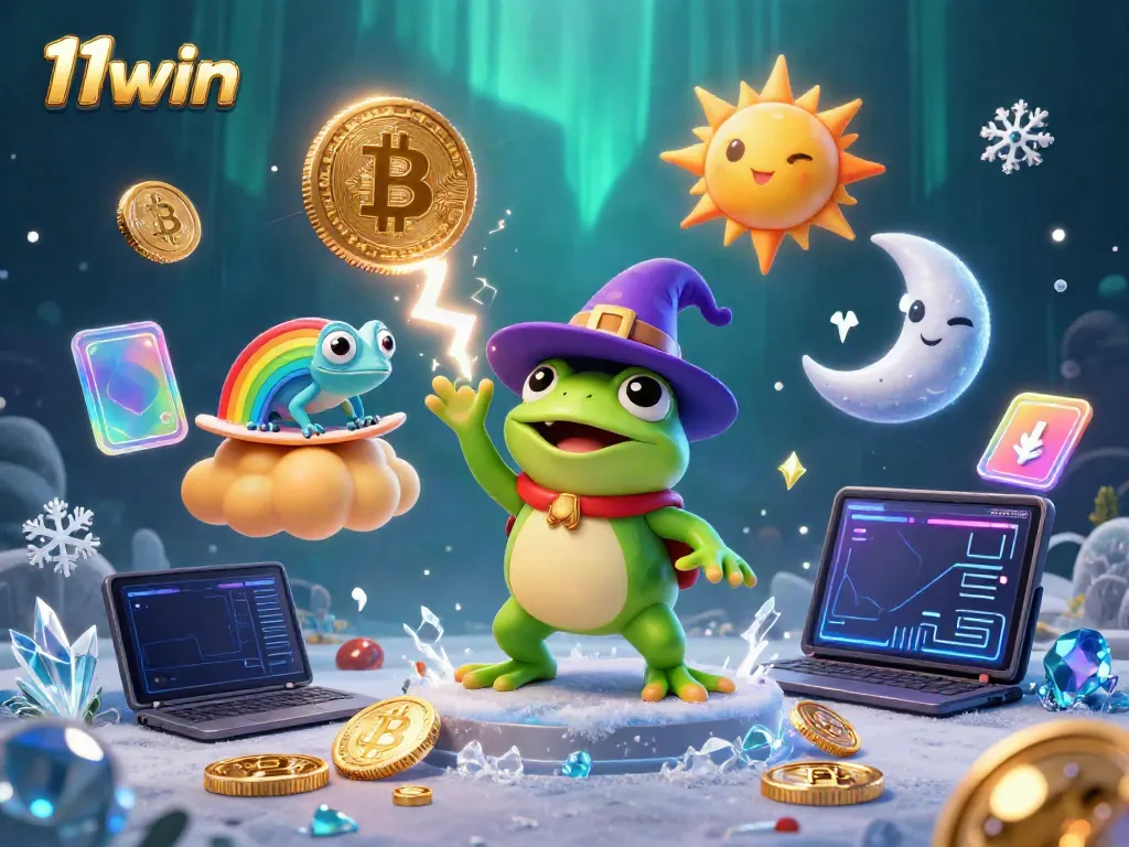 11win represents a vibrant 3D scene of a wizard frog creating gold coins amidst crypto elements and magical characters.