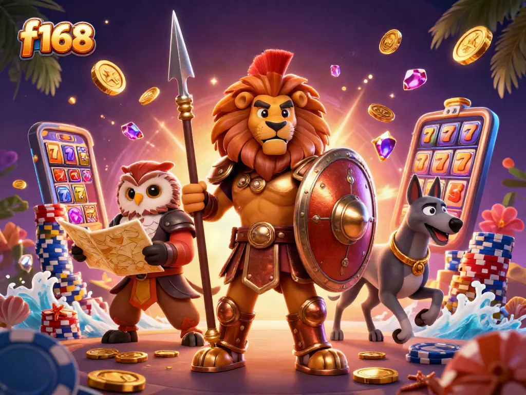 Engage with f168's thrilling casino experience featuring a Spartan lion and slot machine reels.