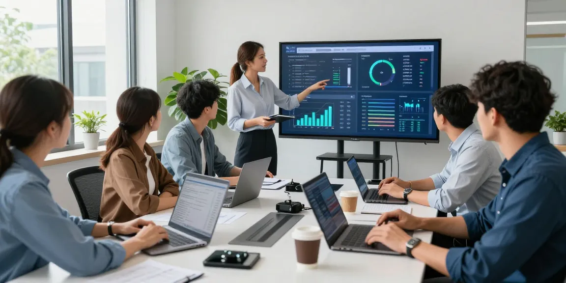 Proactive IT support businesses team collaborating on strategy with data dashboards and tech devices in modern office.