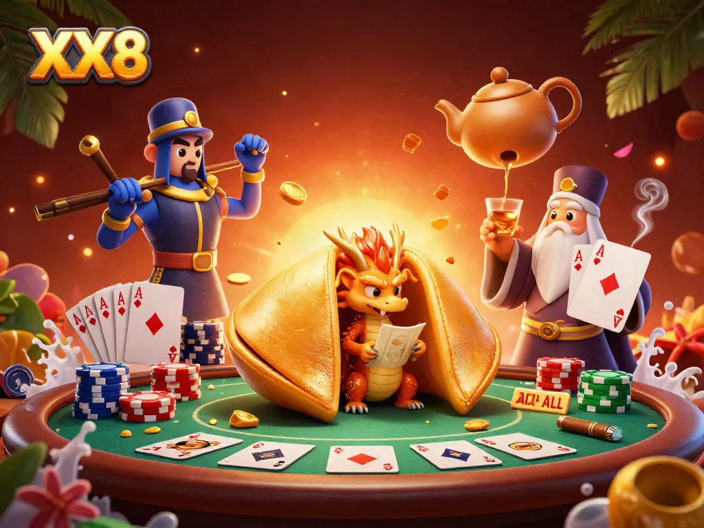 Experience thrilling gameplay with XX8, featuring a dramatic poker scene with colorful poker chips and cards.