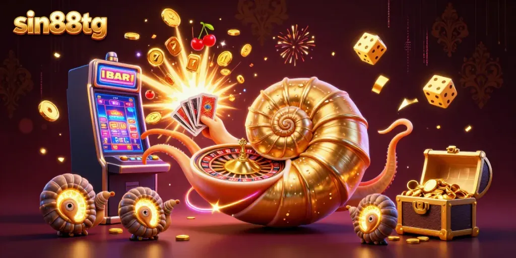 Experience the vibrant world of sin88tg with a giant nautilus roulette and a treasure-filled jackpot scene.