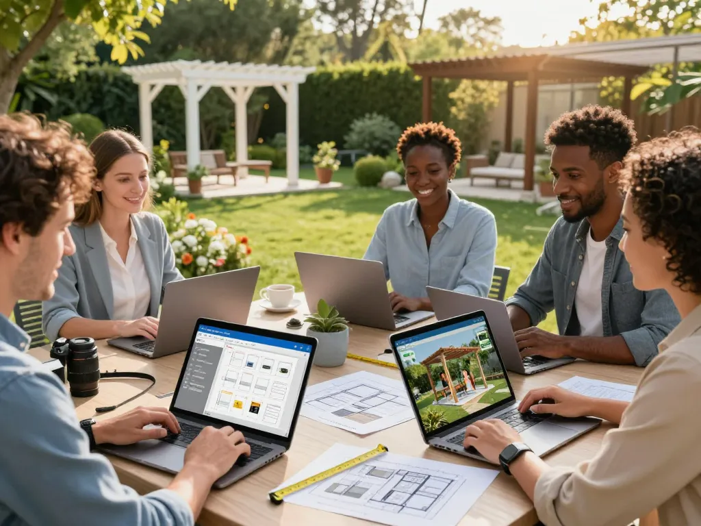 Pergola Sales Software demonstrating an augmented reality configuration process among sales professionals in a beautiful garden setting.