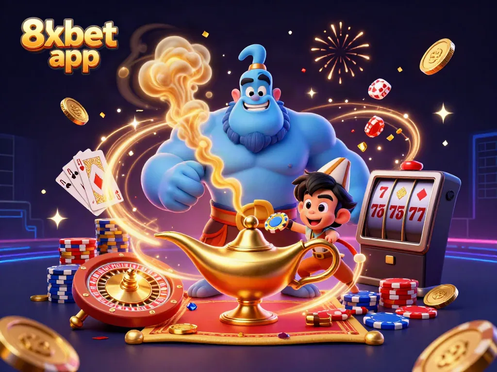 Experience the thrill of the 8xbet app with vibrant casino elements and animated characters.