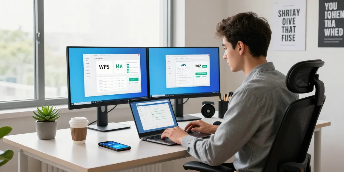 WPS Download scene showing a professional in a modern office downloading software with a laptop and tech gadgets.