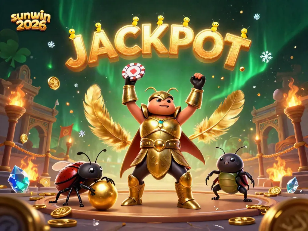 Engaging scene of sunwin 2026 featuring a heroic beetle victorious in poker, surrounded by vibrant casino elements.