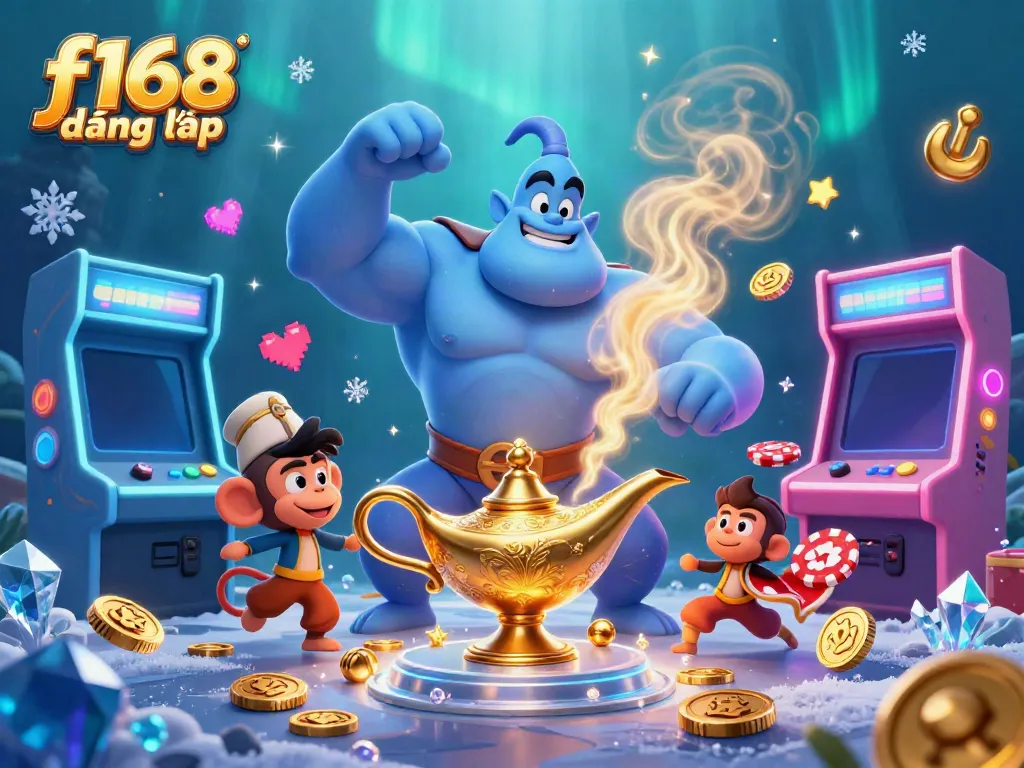 Engage with the vibrant f168 đăng nhập universe as a blue genie bursts forth from a lamp amidst a bustling casino scene.