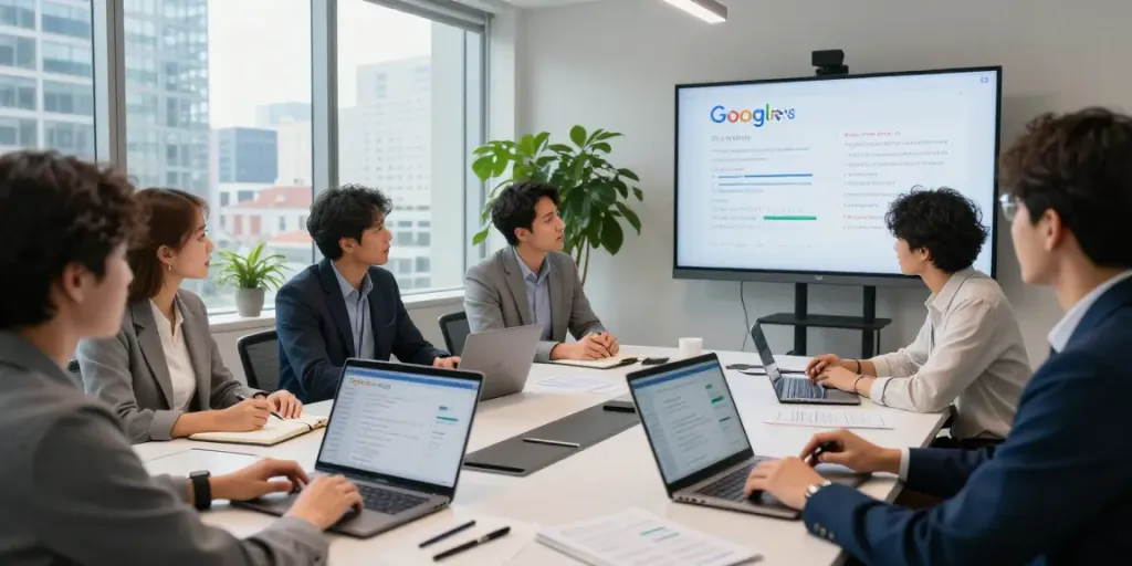 Team discussing strategies for optimizing google reviews in a modern office