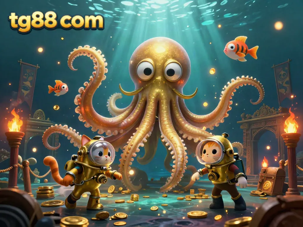 Experience high-stakes gaming with tg88 com's immersive underwater adventure featuring a kraken and treasure.