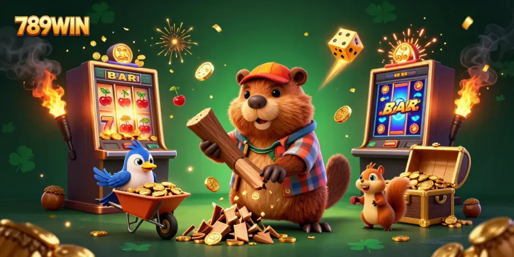Experience thrilling wins at 789WIN with a lively illustration of cheerful characters amidst dazzling casino elements.