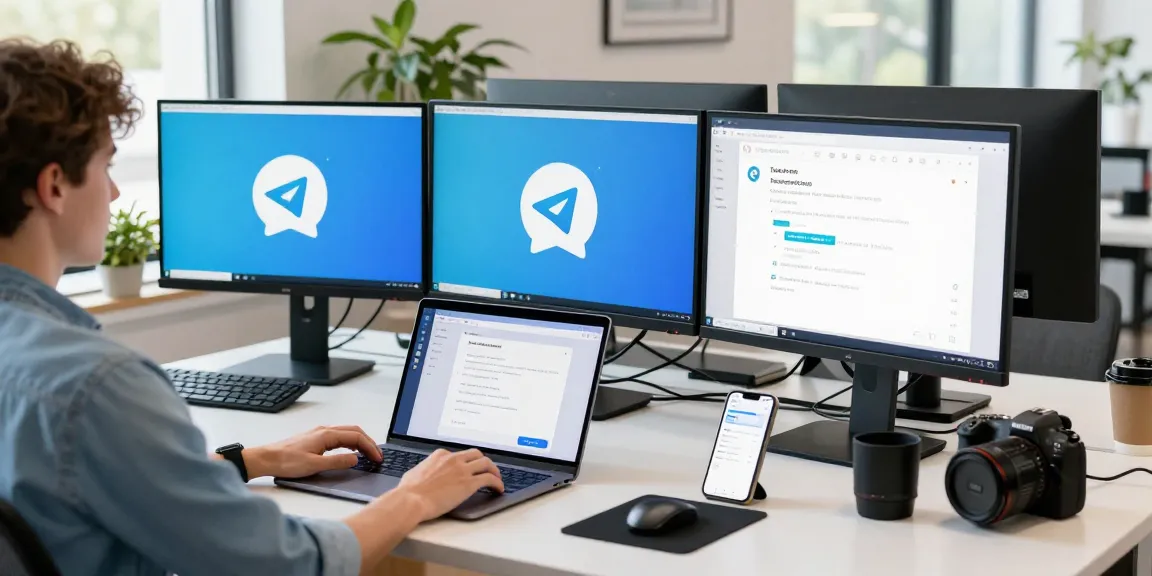 Telegram download process depicted in a modern tech workspace.