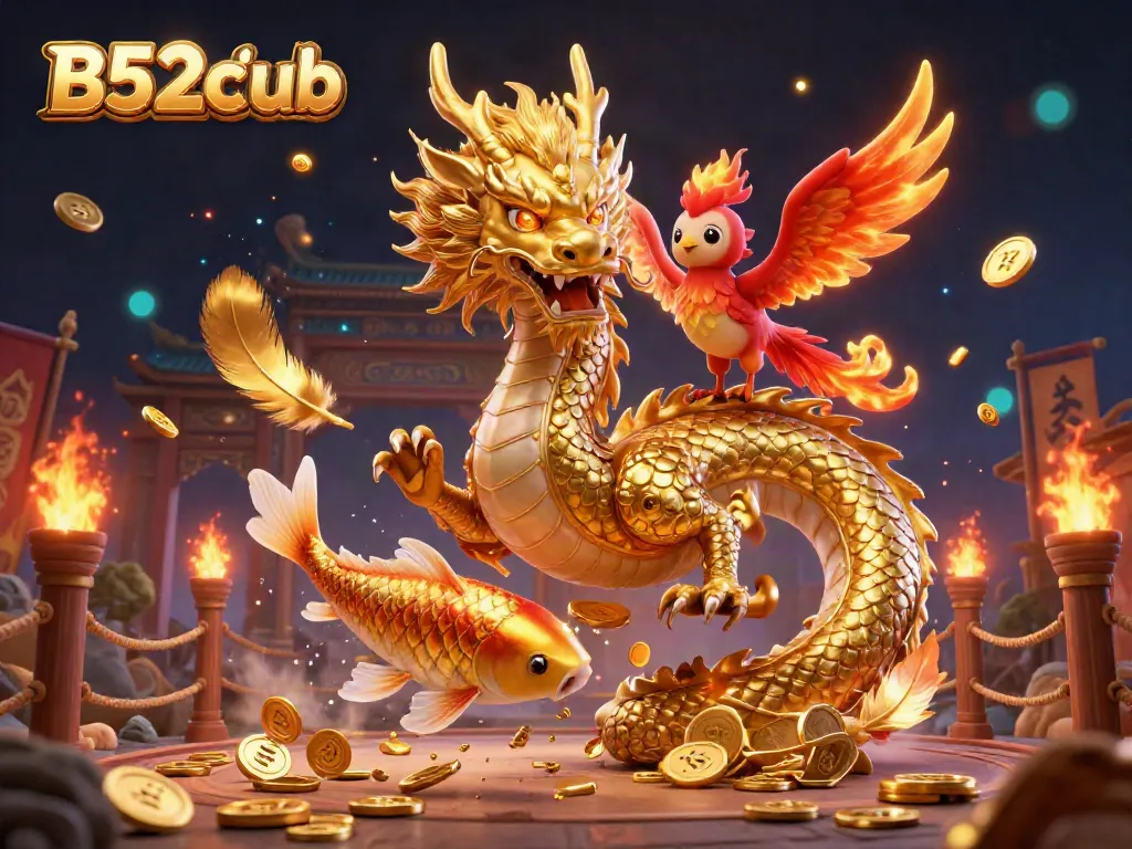 Engage with the thrilling B52club dragon-themed casino experience through a vibrant 3D illustration.