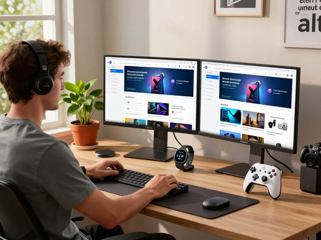 Tech enthusiast exploring trending tech gadgets in a modern workspace, showcasing innovative Bluetooth devices.