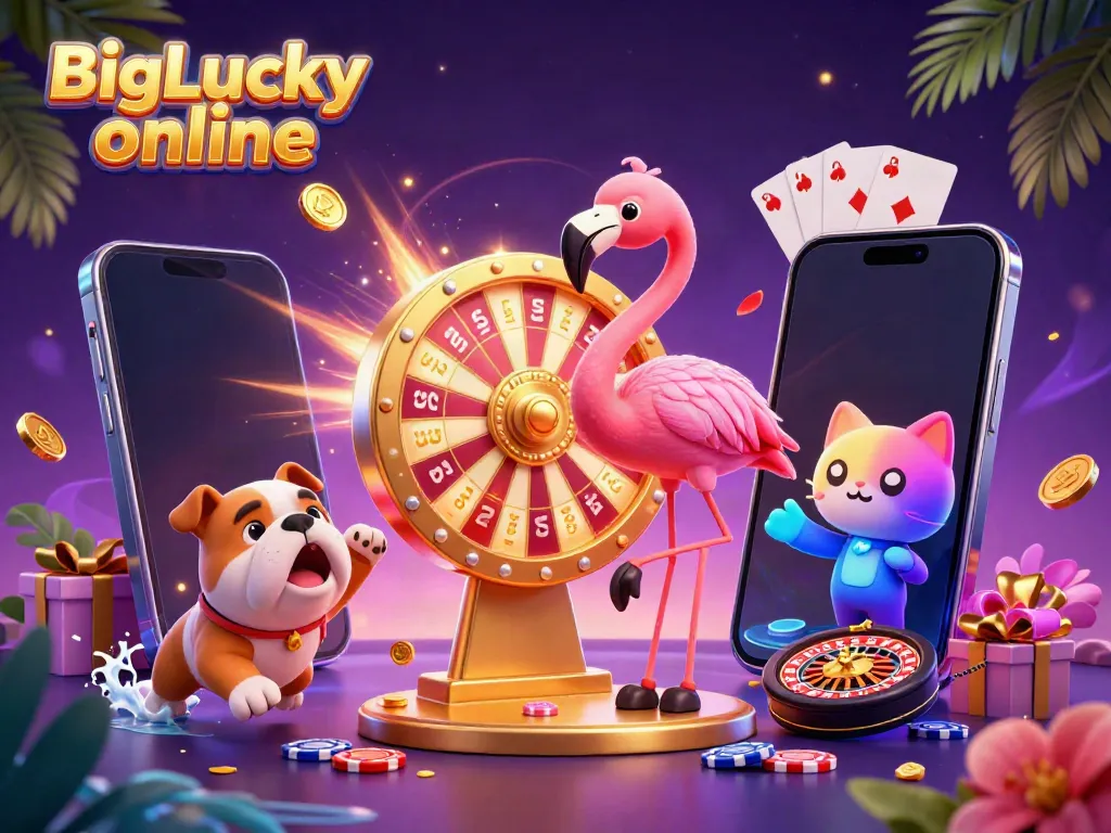 Experience BigLucky online with engaging characters and dynamic casino elements in this vibrant 3D illustration.