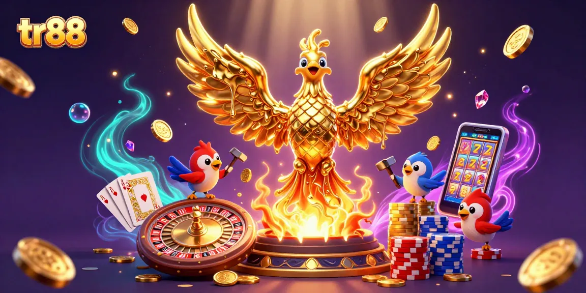 Experience thrilling gameplay with tr88, as a golden phoenix emerges amid cascading coins and vibrant casino elements.