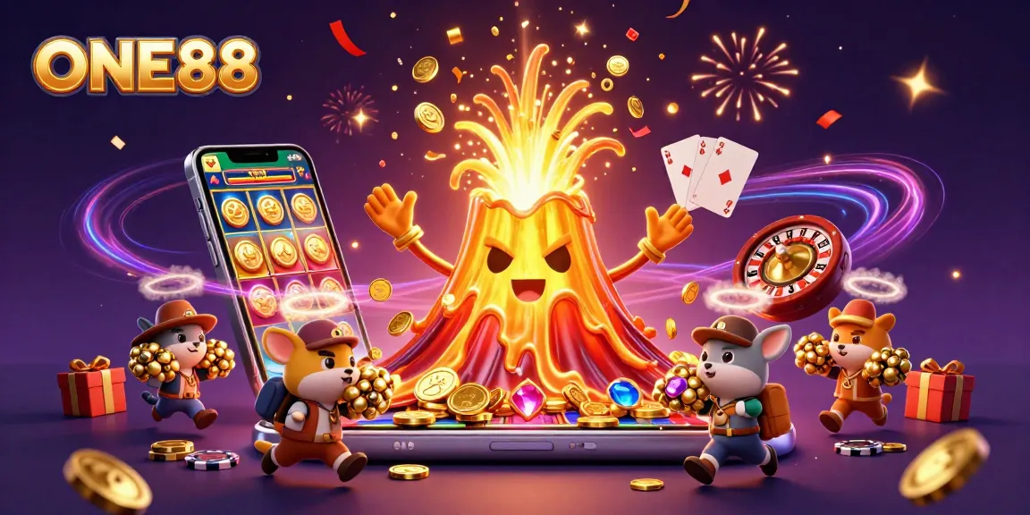 ONE88 casino's exciting games erupt with treasure from a golden volcano illustration.