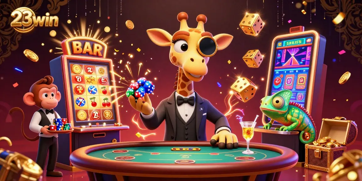 Experience the thrill of 23win with a high-roller giraffe, monkey valet, and chameleon bartender in a lively casino scene.
