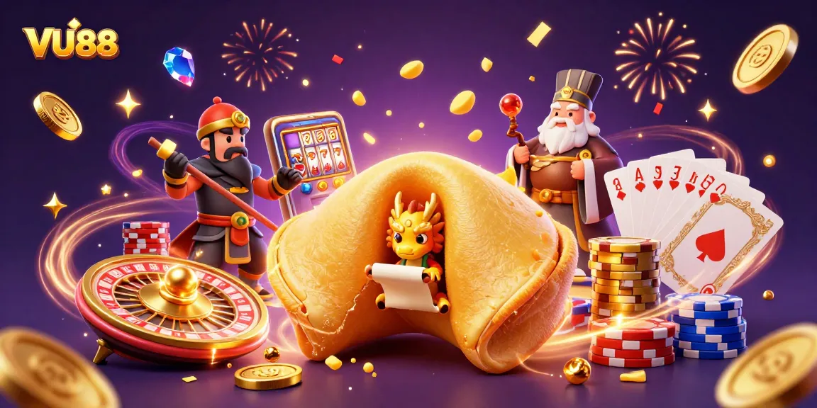 Experience VU88's thrilling ambiance with vibrant games and golden treasures in a rich, animated casino scene
