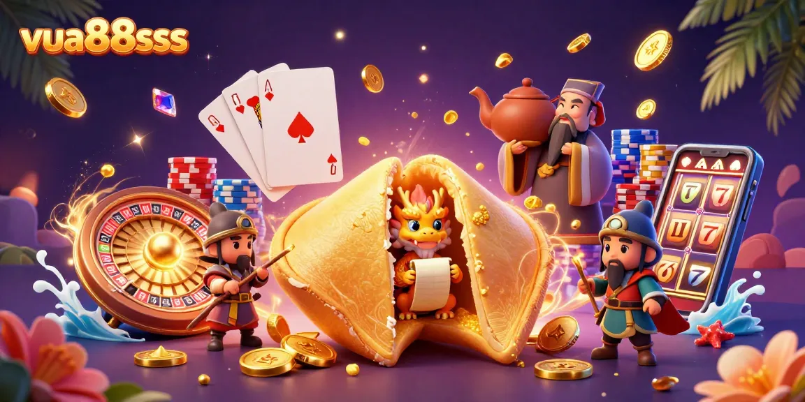 Experience the thrill of gaming at vua88sss with golden fortune cookies and vibrant casino elements.
