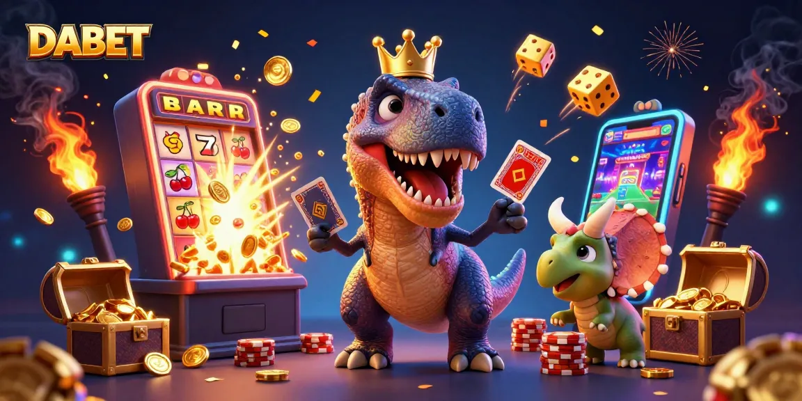 DABET offers an exciting casino experience with vibrant characters, golden chips, and lively gaming elements.
