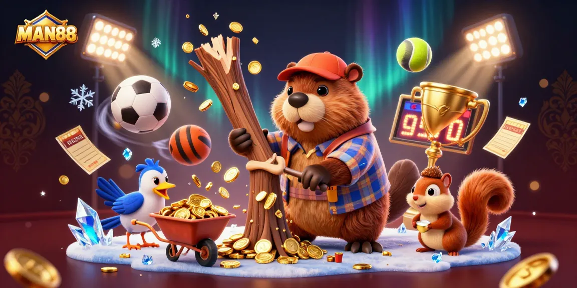 Experience winning moments at MAN88 with a cartoon beaver amidst flying sports elements and gold coins.