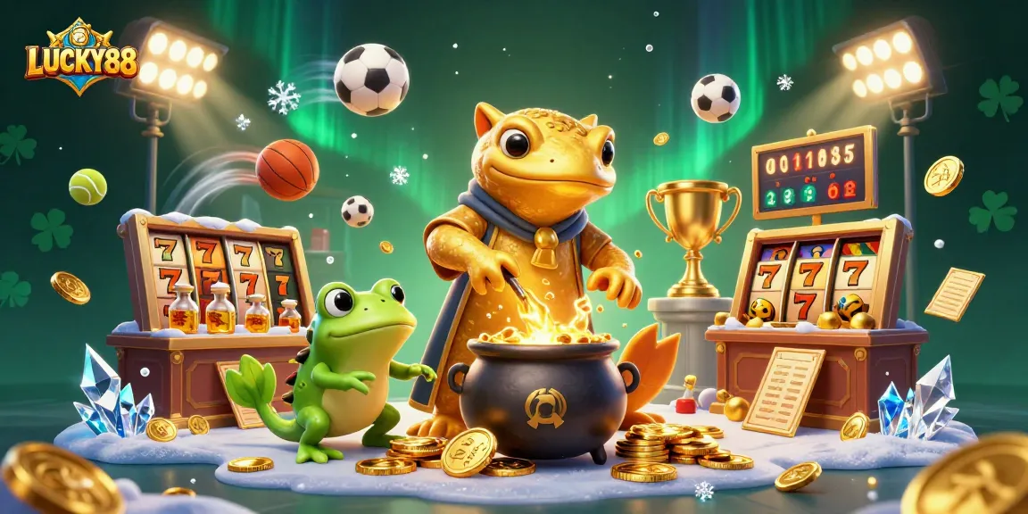 LUCKY88 slot game scene with a golden salamander alchemist and lively casino elements.